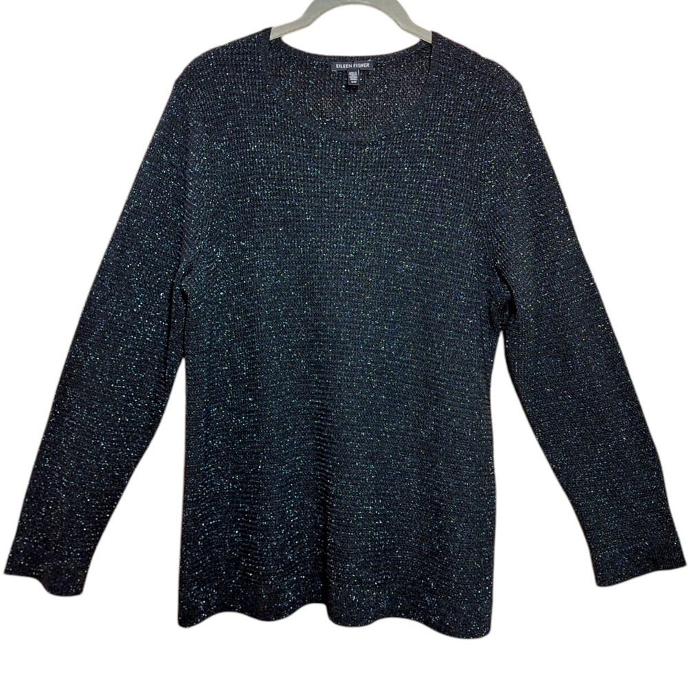 Eileen fisher merino wool blend metallic thread sweater black/silver knit size l